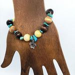 Turtle Charm  Natural Wood Bead Stretchband With Green Howlite Chips - South Florida Boho Boutique