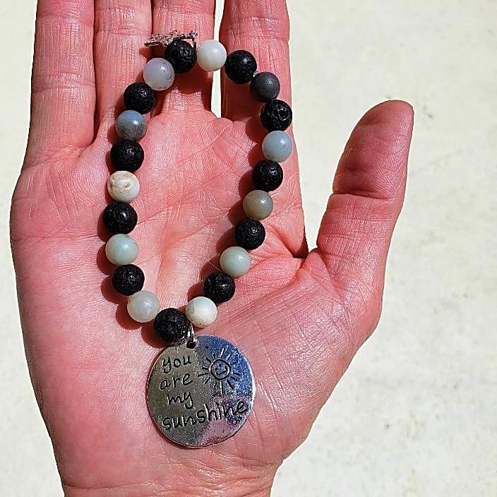 Lava Stone Diffuser Stretchband With Amazonite And Sunshine Charm - Handmade - South Florida Boho Boutique