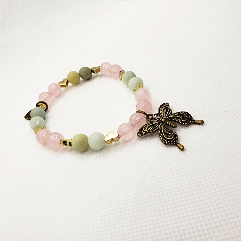 Rose Quartz And Amazonite Stretchband With Butterfly Charm Stretchband - South Florida Boho Boutique