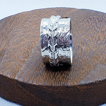 Sterling Silver Spinner Ring Hammered Style with Braid Pattern Outer Ring - South Florida Boho Boutique