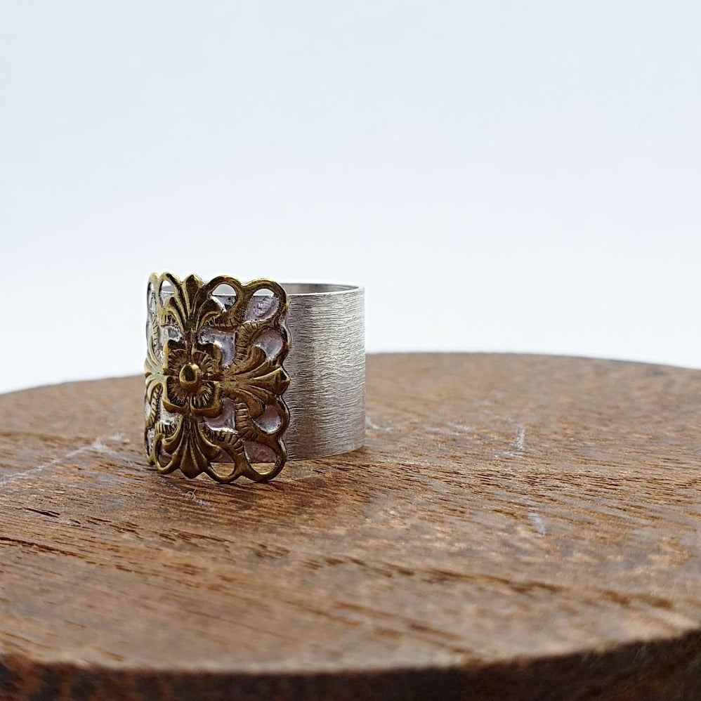 Sterling Silver Ring With Brass Flower Deco - South Florida Boho Boutique