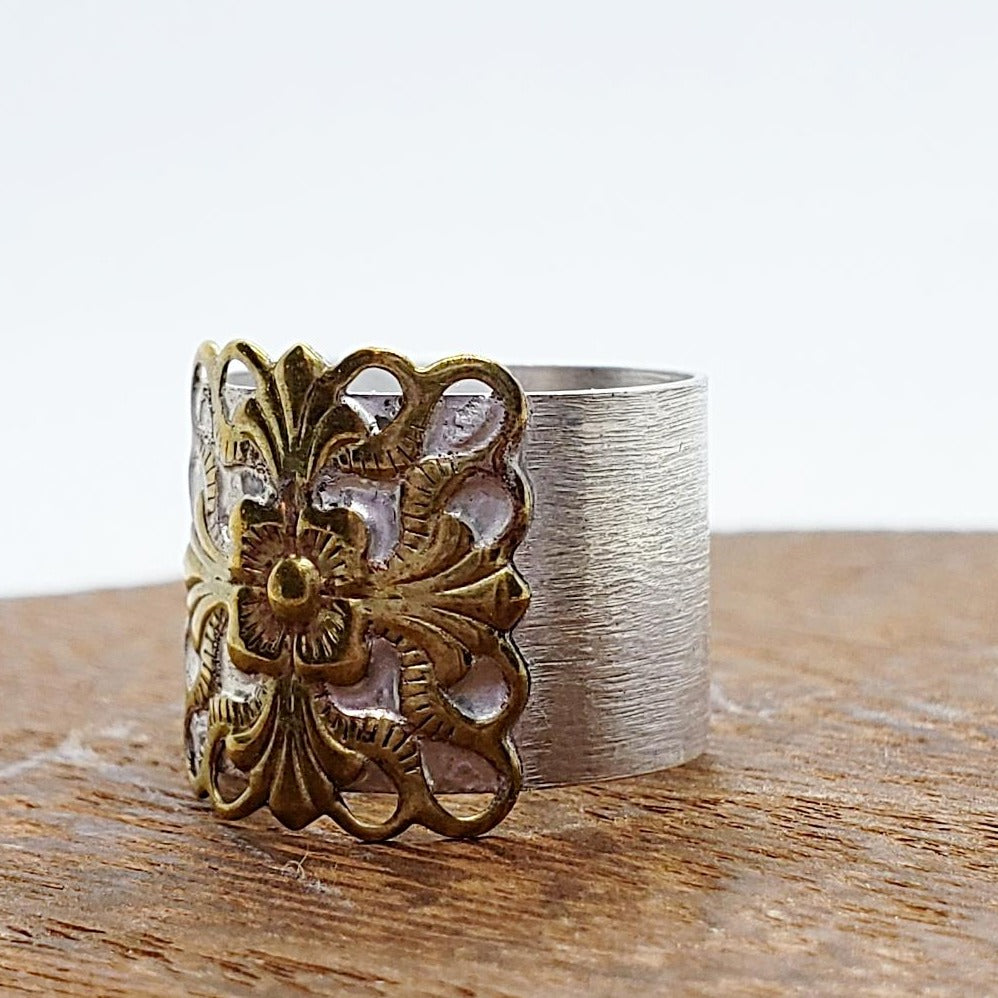 Sterling Silver Ring With Brass Flower Deco - South Florida Boho Boutique