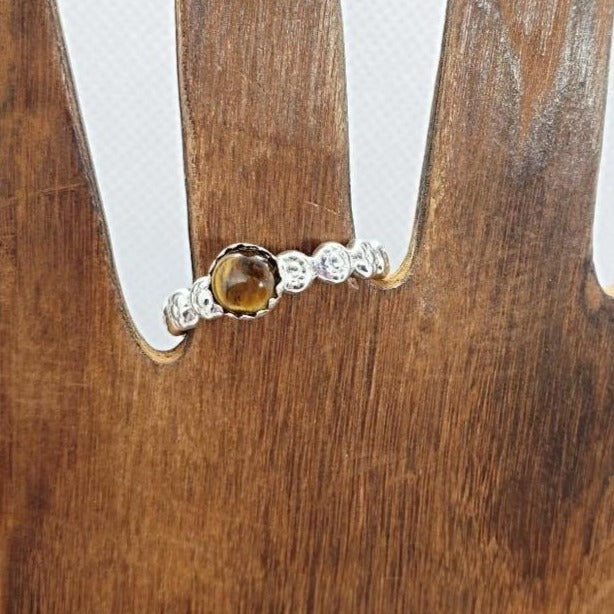 Sterling Silver Daisy Band with Tigers Eye Cabochon - South Florida Boho Boutique