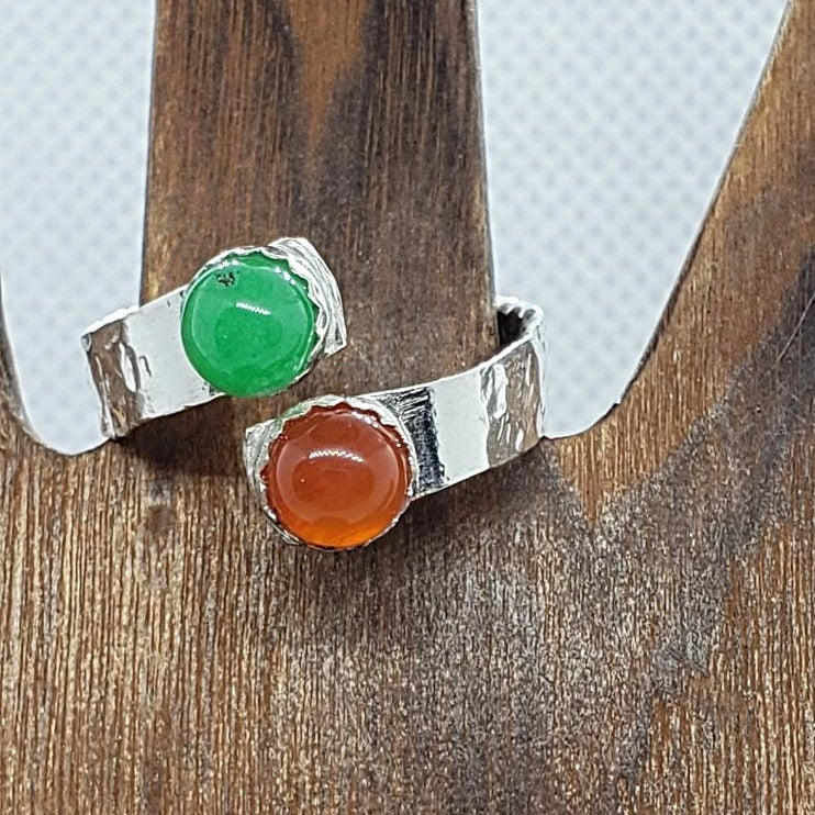 Sterling Silver Chakra Bypass Ring With Green And Orange Cabochon - Adjustable - South Florida Boho Boutique