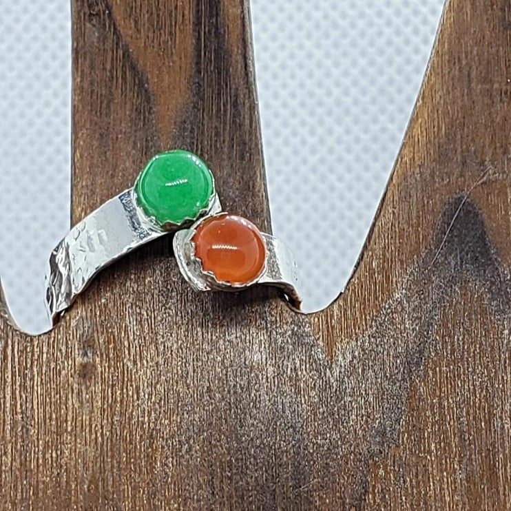 Sterling Silver Chakra Bypass Ring With Green And Orange Cabochon - Adjustable - South Florida Boho Boutique