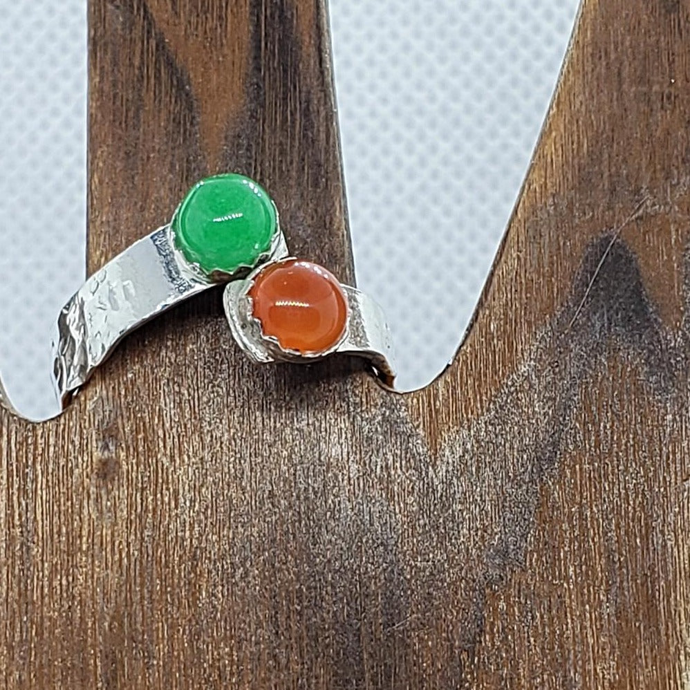 Sterling Silver Chakra Bypass Ring With Green And Orange Cabochon - Adjustable - South Florida Boho Boutique
