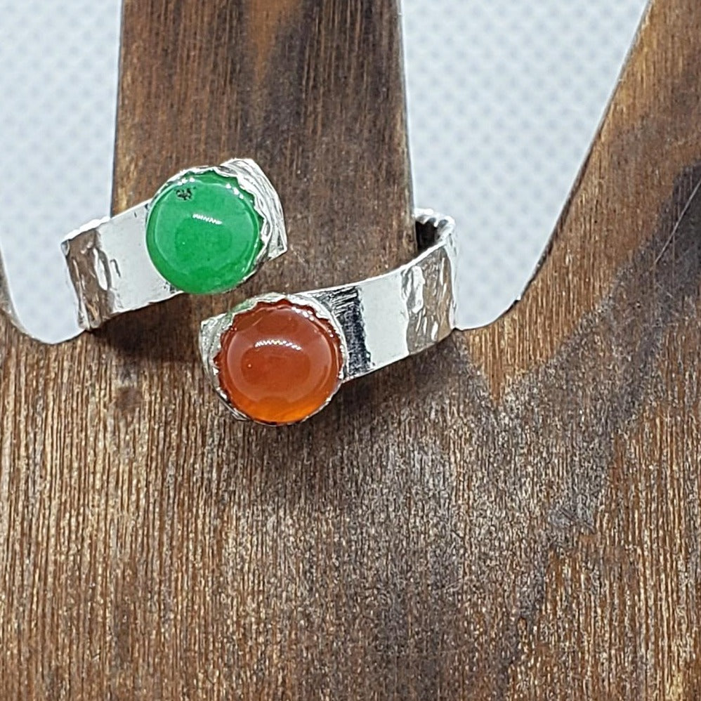 Sterling Silver Chakra Bypass Ring With Green And Orange Cabochon - Adjustable - South Florida Boho Boutique