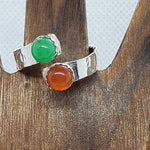 Sterling Silver Chakra Bypass Ring With Green And Orange Cabochon - Adjustable