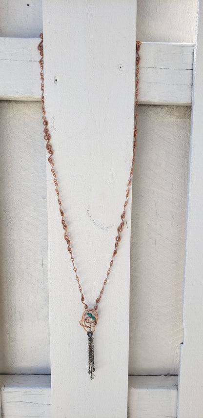 Boho Copper Link Chain Pendant S-Style With Howlite, Antique Silver Tassel And Charm - South Florida Boho Boutique