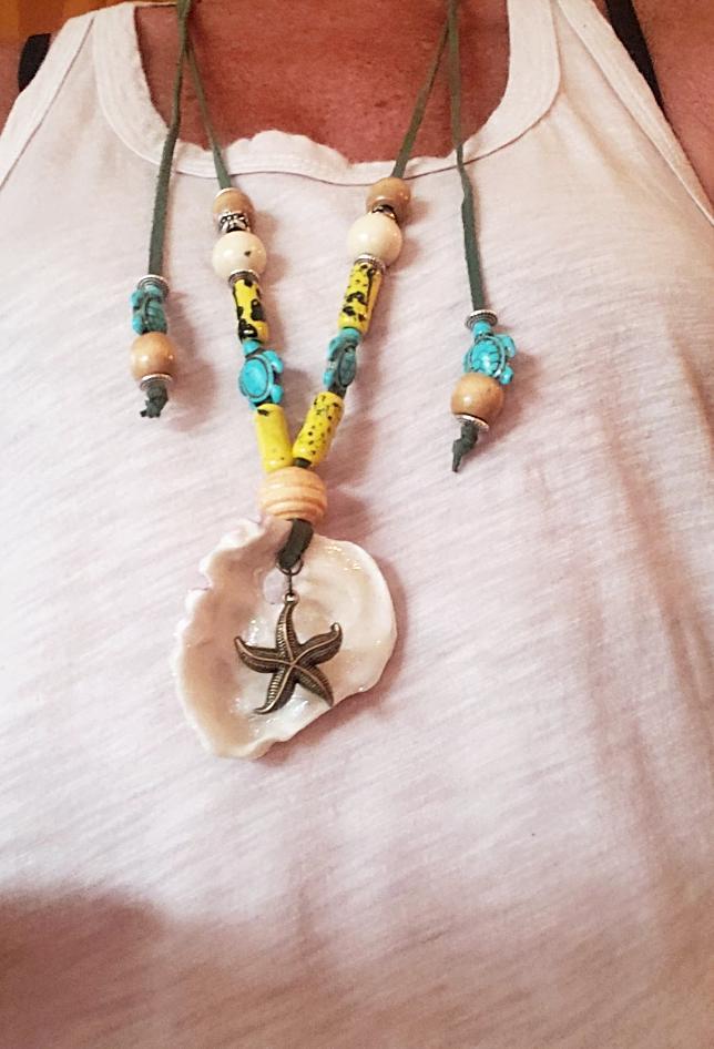 Boho Long Adjustable Green Necklace - Lariat - Beach Boho Style - Seashell - Turquoise Turtle Charms - South Florida Boho Boutique