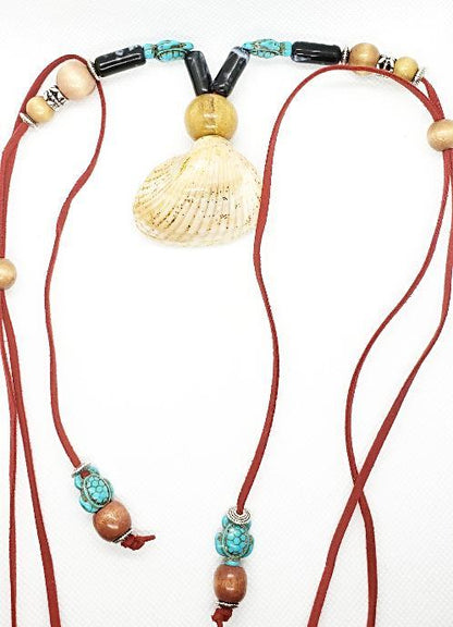 Boho Adjustable Long Red Necklace - Lariat - Beach Boho Style - Seashell - Turquoise Turtle Charms - South Florida Boho Boutique