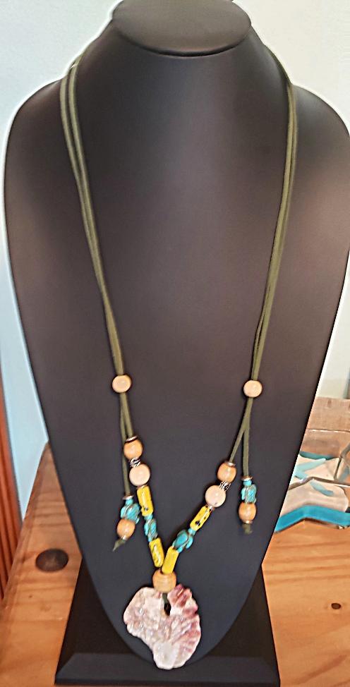 Boho Long Adjustable Green Necklace - Lariat - Beach Boho Style - Seashell - Turquoise Turtle Charms - South Florida Boho Boutique