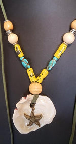 Boho Long Adjustable Green Necklace - Lariat - Beach Boho Style - Seashell - Turquoise Turtle Charms - South Florida Boho Boutique