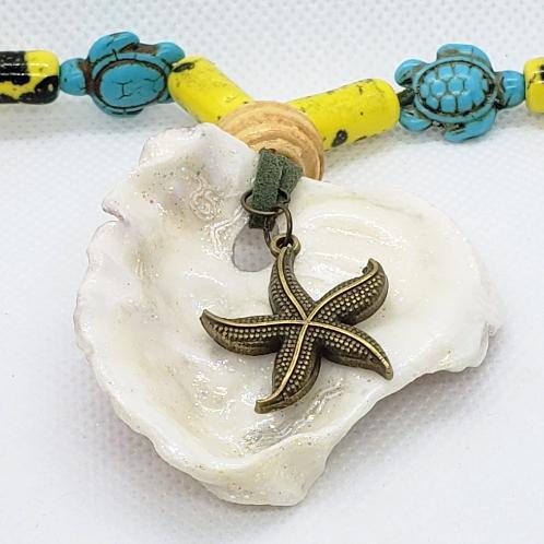 Boho Long Adjustable Green Necklace - Lariat - Beach Boho Style - Seashell - Turquoise Turtle Charms