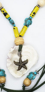 Boho Long Adjustable Green Necklace - Lariat - Beach Boho Style - Seashell - Turquoise Turtle Charms - South Florida Boho Boutique