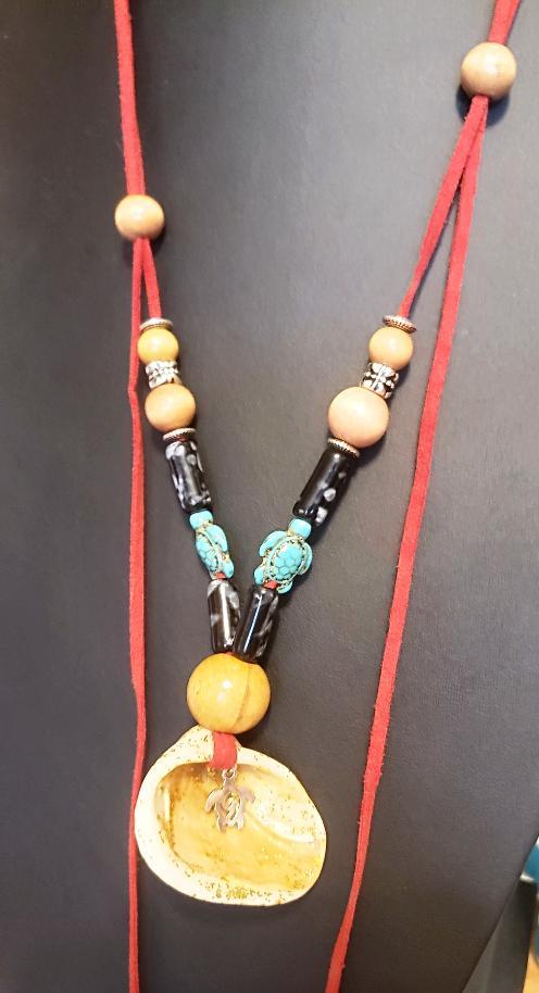 Boho Adjustable Long Red Necklace - Lariat - Beach Boho Style - Seashell - Turquoise Turtle Charms - South Florida Boho Boutique