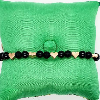 Handmade Beaded Bracelet - Chakra  Gemstone Stretchband With Black Jasper - Lotus Charm - South Florida Boho Boutique