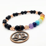Handmade Beaded Bracelet - Chakra  Gemstone Stretchband With Black Jasper - Lotus Charm