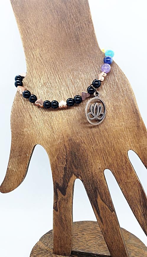 Handmade Beaded Bracelet - Chakra  Gemstone Stretchband With Black Jasper - Lotus Charm - South Florida Boho Boutique
