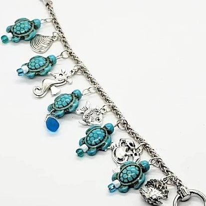 Silver Bracelet With Turquoise Turtle -Blue Beads - Nautical Charms - Beach Boho - Nautical Style