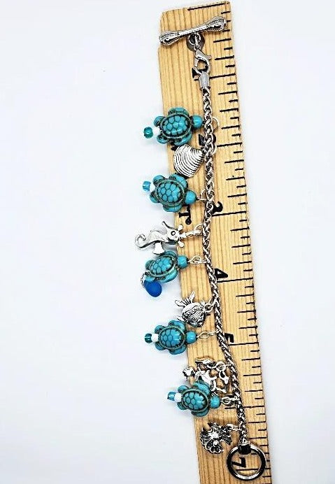 Silver Bracelet With Turquoise Turtle -Blue Beads - Nautical Charms - Beach Boho - Nautical Style - South Florida Boho Boutique