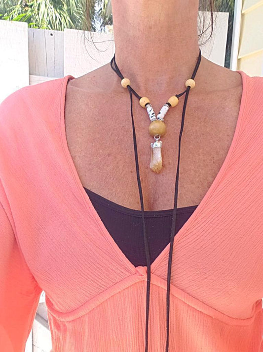Boho Adjustable Long Black/White Marbled Faux Necklace With Raw Citrine Nugget - Lariat - Boho Style - South Florida Boho Boutique