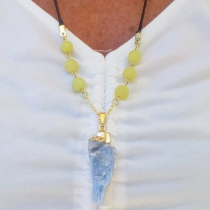 Raw Blue Kyanite Pendant With Yellow Peridot Beads - South Florida Boho Boutique