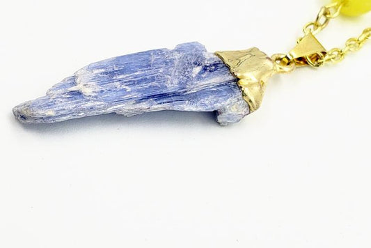 Raw Blue Kyanite Pendant With Yellow Peridot Beads - South Florida Boho Boutique