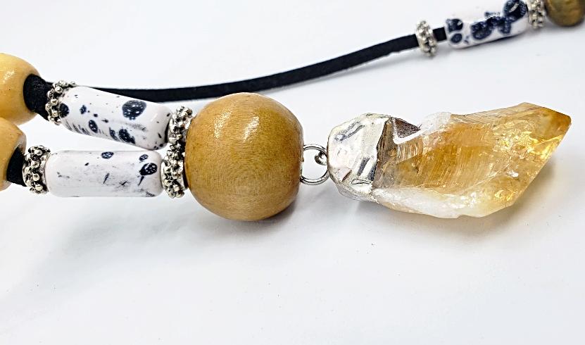 Boho Adjustable Long Black/White Marbled Faux Necklace With Raw Citrine Nugget - Lariat - Boho Style - South Florida Boho Boutique