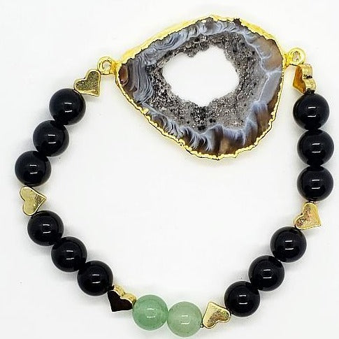 Agate Druzy Slice Bracelet With Black Onyx And Green Aventurine