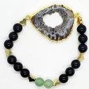 Agate Druzy Slice With Black Onyx And Green Aventurine  Handmade Gemstone Bracelet