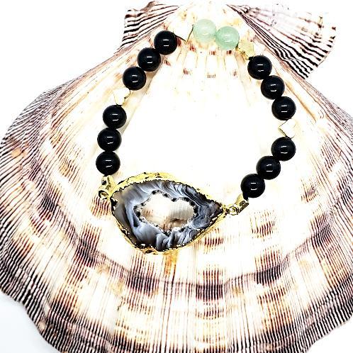 Agate Druzy Slice Bracelet With Black Onyx And Green Aventurine