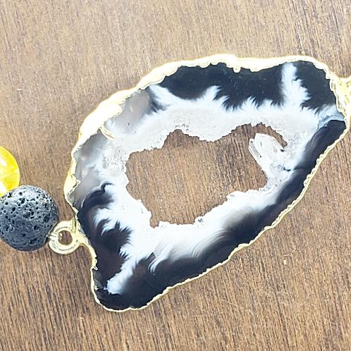 Black Agate Druzy Slice With Citrine And Lava Stone - Stretchband - South Florida Boho Boutique