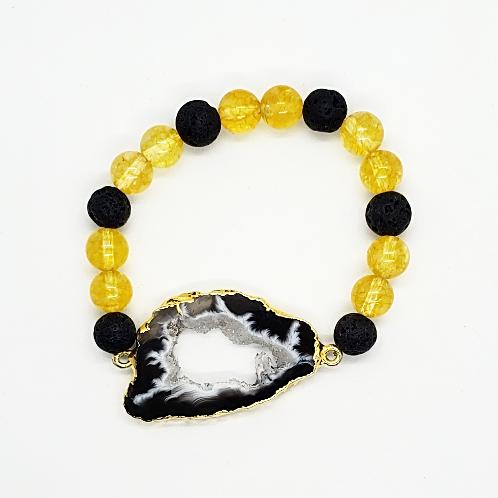Black Agate Druzy Slice With Citrine And Lava Stone - Stretchband - South Florida Boho Boutique