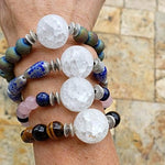 Tigers Eye Gemstone Stretch Band With Frosted Crackled Quartz Center - South Florida Boho Boutique