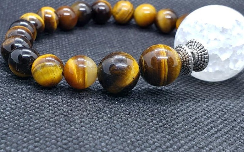 Tigers Eye Gemstone Bracelet With Frosted Crackled Quartz Center