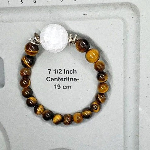 Tigers Eye Gemstone Bracelet With Frosted Crackled Quartz Center