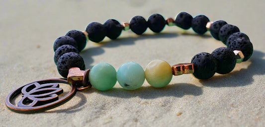 Lava Stone-Amazonite Diffuser BraceletCopper-Lotus Charm-Yoga Beads