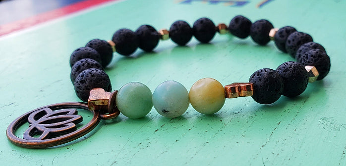 Lava Stone-Amazonite Diffuser BraceletCopper-Lotus Charm-Yoga Beads