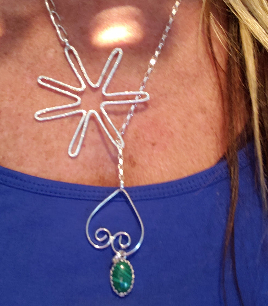 Star-Heart Pendant Lariat With Malachite-Sterling Silver
