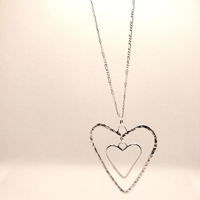 Sterling Silver Dangling Heart Pendant Hammered And Smooth Texture - Interchangeable Chain - South Florida Boho Boutique