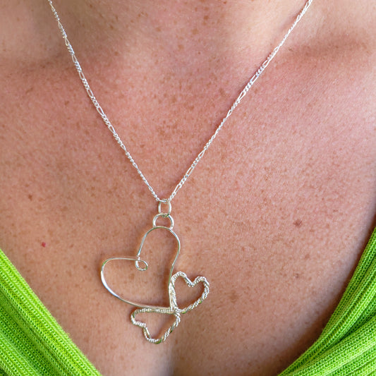 Sterling Silver Heart Pendant With Two Twisted Smaller Hearts - Interchangeable Chain - South Florida Boho Boutique