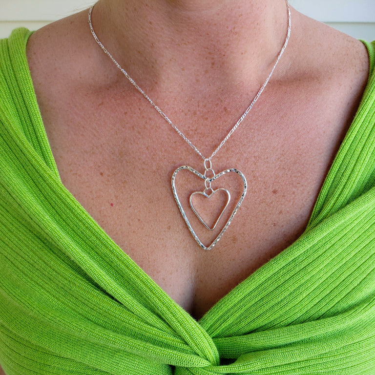 Sterling Silver Dangling Heart Pendant Hammered And Smooth Texture - Interchangeable Chain - South Florida Boho Boutique