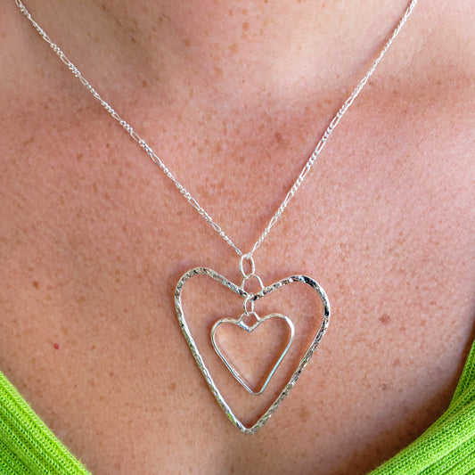 Sterling Silver Dangling Heart Pendant Hammered And Smooth Texture - Interchangeable Chain - South Florida Boho Boutique