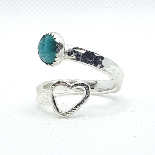 Sterling Silver Ring Hammered Style with Virginia Amazonite And  Heart - Bypass Style
