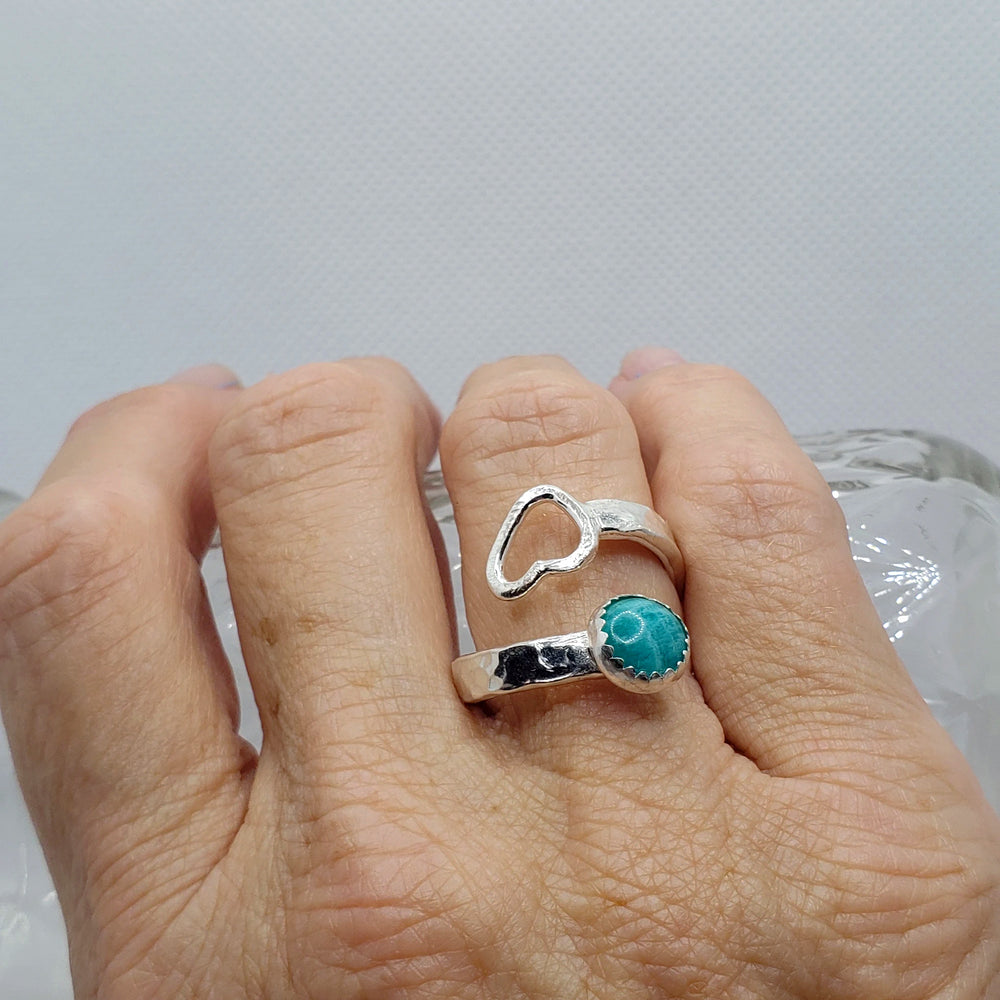 Sterling Silver Ring Hammered Style with Virginia Amazonite And  Heart - Bypass Style