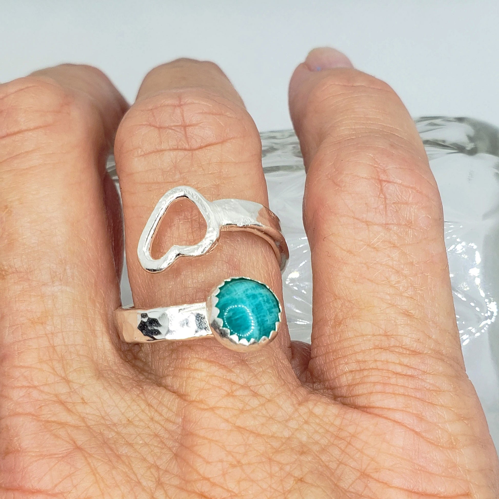 Sterling Silver Ring Hammered Style with Virginia Amazonite And Heart -  Bypass Style – Soflo Boho Boutique