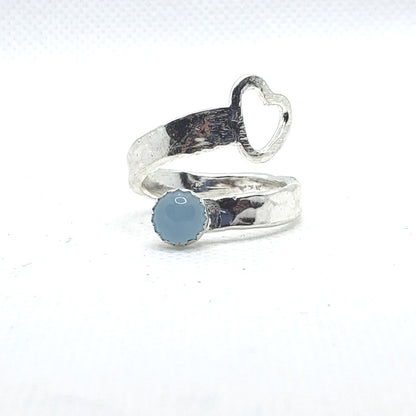 Sterling Silver Ring Hammered Style with Aquamarine And  Heart - Bypass Style