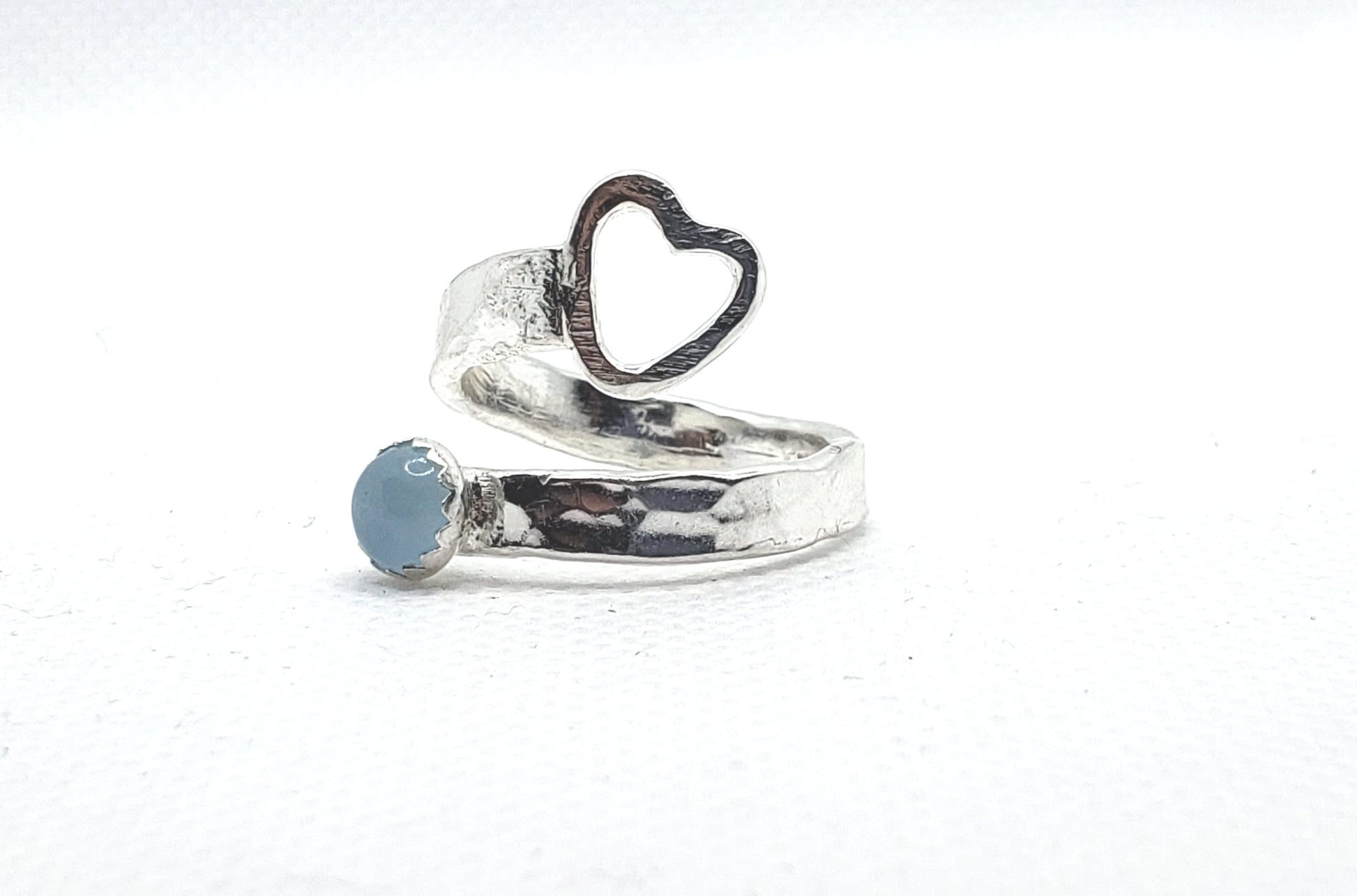 Sterling Silver Ring Hammered Style with Aquamarine And  Heart - Bypass Style