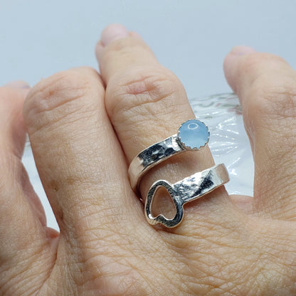 Sterling Silver Ring Hammered Style with Aquamarine And  Heart - Bypass Style